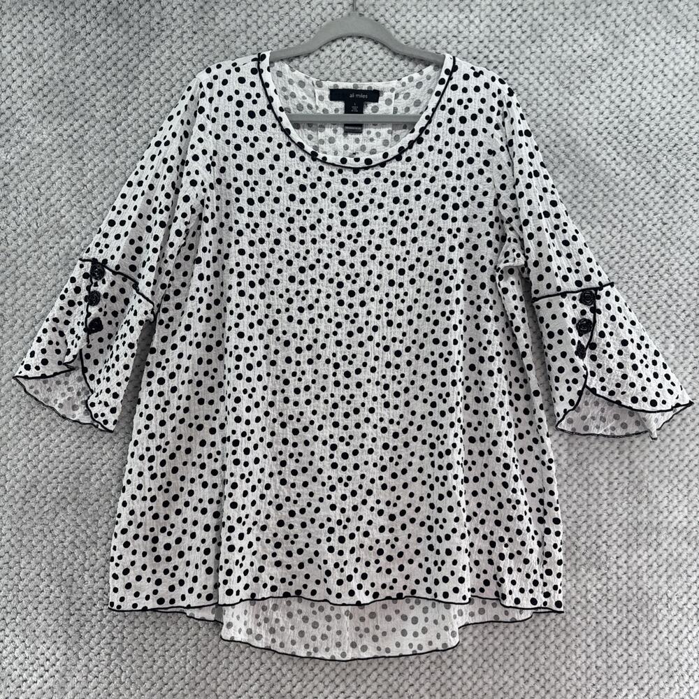 ali miles Top Womens Large White Black Polka Dot Crinkle Stretch Crew Neck Tunic